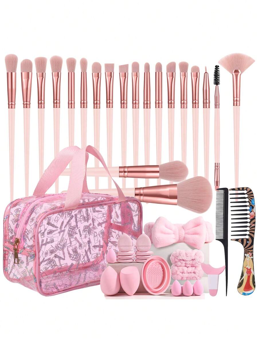 42pcs All-In-One Makeup Tool Set, Includes 20 Waterproof Makeup Brushes, Makeup Bag, Makeup Sponge, Mini Powder Puff, Headband, Eye Makeup Auxiliary Tools, Hair Comb, Complete Makeup Tool Set - Multicolor - View 1