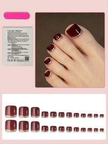 24pcs Gold Glitter French Manicure Short Square False Nails, Glossy Burgundy Retro Style Full Cover Nails For Women & Girls, Suitable For Autumn/Winter - Multicolor - View 2