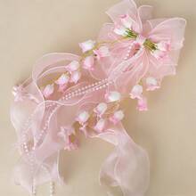 1pc AYLHFO Spring/Summer New Bridal Artificial Flower Mesh Long Ribbon Bow Hair Clip, Women's Fashion Bohemian Style Exaggerated Large Long Ribbon Tulip Bow Hair Clip, Bridal Wedding Hair Accessory, Suitable For Daily And Wedding Party Wear - màu xanh da trời - Xem 5