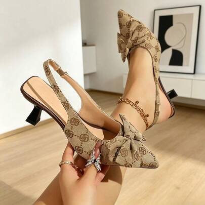 Women's New Jacquard Bow Back Strap Pointed Toe Kitten Heel High Heels Retro Versatile Pumps
