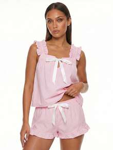 Women's Summer Pajama Set Fashionable Bow Decor Tank Tops With Ruffle Shorts 2Pcs Soft Sleepwear - Rosa - Ver 5