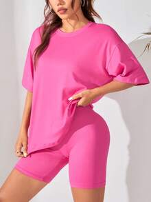 Set Kaos dan Celana Pendek Kasual untuk Rumah - Hot Pink - View 5