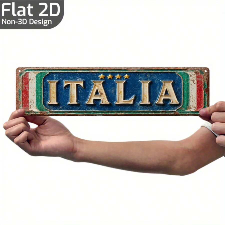 2D平面設計復古義大利金屬標誌，尺寸 15.8" X 4"，金屬材質，帶有「Italian」字樣的牆面裝飾藝術品，適合裝飾前院、車庫與門廊