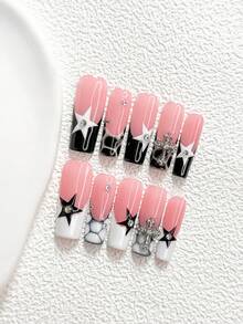 10pcs Minimalist Handmade Nail Art Set, Stamping Nail Stickers, Cross-Shaped Nail Decor, Hand-Painted Pentagram Nail Decorations, Black & White Nail Polish, Stylish Design, Includes Nail Tools (1 Jelly Sticker + 1 Nail File), 3 Sizes Available: Almond, Duck Mouth, Coffin Shape, Suitable For Parties, Daily Wear, Parties, Photography, Spring/Summer Commute Nails Handmade Press On Nails - Multicolor - View 4