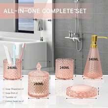 5-Piece Diamond-Cut Glass Bathroom Accessories Set, Rust-Proof Toothbrush Holder & Soap Dispenser, Tumbler & Cotton Jar, Modern Crystal Bathroom Decor - Back To School Gift For Dorm, Housewarming Gift - Hồng - Xem 3