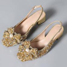 Fashionable Silver Rhinestone Slingback High Heels, Elegant Versatile Street Style Commuter Women's Bow Square Toe Shoes - Gold - View 6