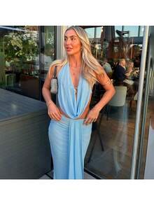 Vestido largo asimétrico azul claro para mujer, sin mangas, sin tirantes, de fiesta, con detalle de volantes, ligeramente elástico, ajustado al cuerpo para ocasiones especiales. - Azul - Ver 5