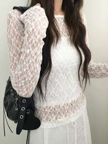 Japanese Style Colorful Lace Hollow Out Elastic Knit Long Sleeve T-Shirt Undershirt, Spring White - White - View 6