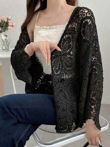 Cárdigan ligero y transparente de encaje para mujer, adecuado para la playa y las vacaciones - Negro 2 - Ver 6