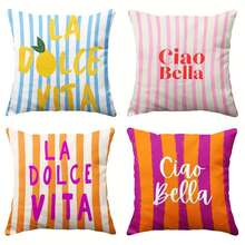 4pcs Italian Summer Striped Pillow Covers, Sofa Decorative Cushion Covers, Machine Washable, Multiple Sizes Available, Printed With "Ciao Bella" Lemon Pattern (Double-Sided Print, Pillow Insert Not Included) - A - View 12