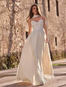 Faeriesty Đầm xếp ly không dây vai dành cho nữ, chất liệu vải xếp ly tinh tế, kiểu dáng ôm sát, phù hợp cho các dịp lễ kỷ niệm và tiệc cưới. - Màu be - Xem 1