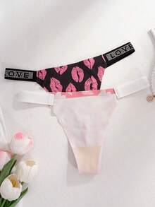 5pcs/Set Comfortable Skin-Friendly LOVE Letter Rhinestone Decor Sexy Sweet Print Plus Size Seamless Thong Panties For Women - Multicolor - View 10