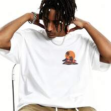 Men's T-Shirt Surfing Silhouette Sunset Palm Tree Comfortable And Versatile Outdoor Casual Short Sleeve - White - View 2
