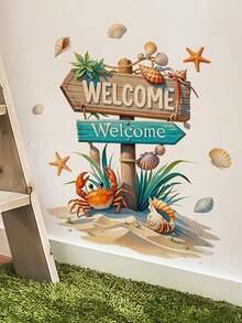 1pc 2D Flat Printed Welcome Sign With Crab, Seashell, Starfish, Seaweed, Wall Sticker, Creative DIY Self-Adhesive Removable Double-Sided Visible PVC Decal For Living Room, Bedroom, Door, Window, Glass Decoration - D - View 3