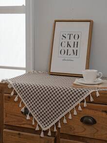 Tokoto Coffee Gingham Tablecloth With Tassel Fringe, Farmhouse Cotton Linen Table Cover For Dining Table, Nightstand & Coffee Table Decor, Rustic Boho Plaid Style - Brown - View 10