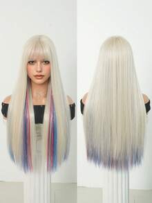 7JHH WIGS 女款白色紅藍電音派對假髮 26英吋長直髮附瀏海 合成耐熱纖維萬聖節彩色造型假髮 適用節慶穿搭、派對與Cosplay - 彩色 - 查看 7