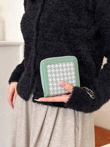 Cartera de mujer con estampado de pata de gallo en relieve, con múltiples ranuras para tarjetas y compartimento para efectivo - Verde - Ver 4