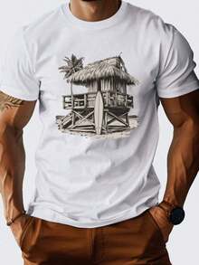 Camiseta de manga corta de cuello redondo impresa de una sola cara de 180G de algodón puro, patrón de escena de playa de salvavidas, ajuste cómodo, estilo casual, con diseño de tabla de surf y palmera, lavable a máquina, adecuada para todas las estaciones - Blanco - Ver 6