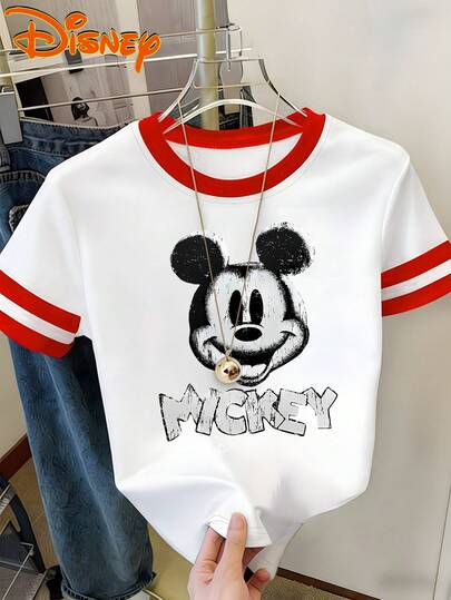  Women's Red And White Contrast Color Disney T-Shirt, Mickey Classic Portrait Black And White Retro Print Pattern, Women's Y2K Color Block Summer Round Neck Short Sleeve T-Shirt, Red And White Contrast Stitch Short Sleeve T-Shirt, Breathable Round Neck Casual Top, Suitable For Daily Wear, Layering, Or Pairing With A Jacket, Ideal For Travel, Leisure, Sports, Sister Gatherings, And Campus Activities, Suitable For Various Styles And Occasions