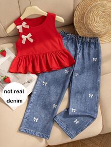 2pcs Girls Casual Outfit: Sleeveless Solid Color Top With 3D Bow Design And Elastic Waist Bowknot Straight Leg Pants - Red - View 1