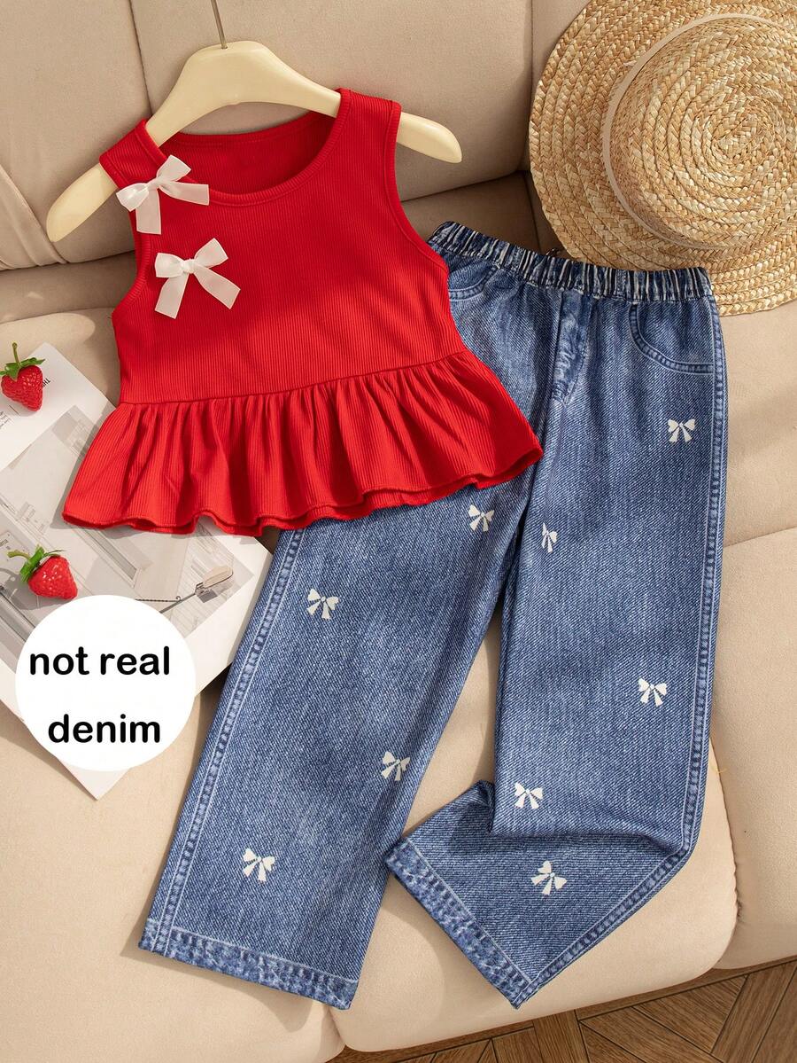 2pcs Girls Casual Outfit: Sleeveless Solid Color Top With 3D Bow Design And Elastic Waist Bowknot Straight Leg Pants - Red - View 1