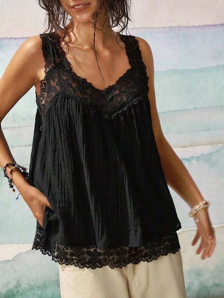 Blusa de uso diario versátil y casual con parches de encaje para mujer - Negro - Añade 1