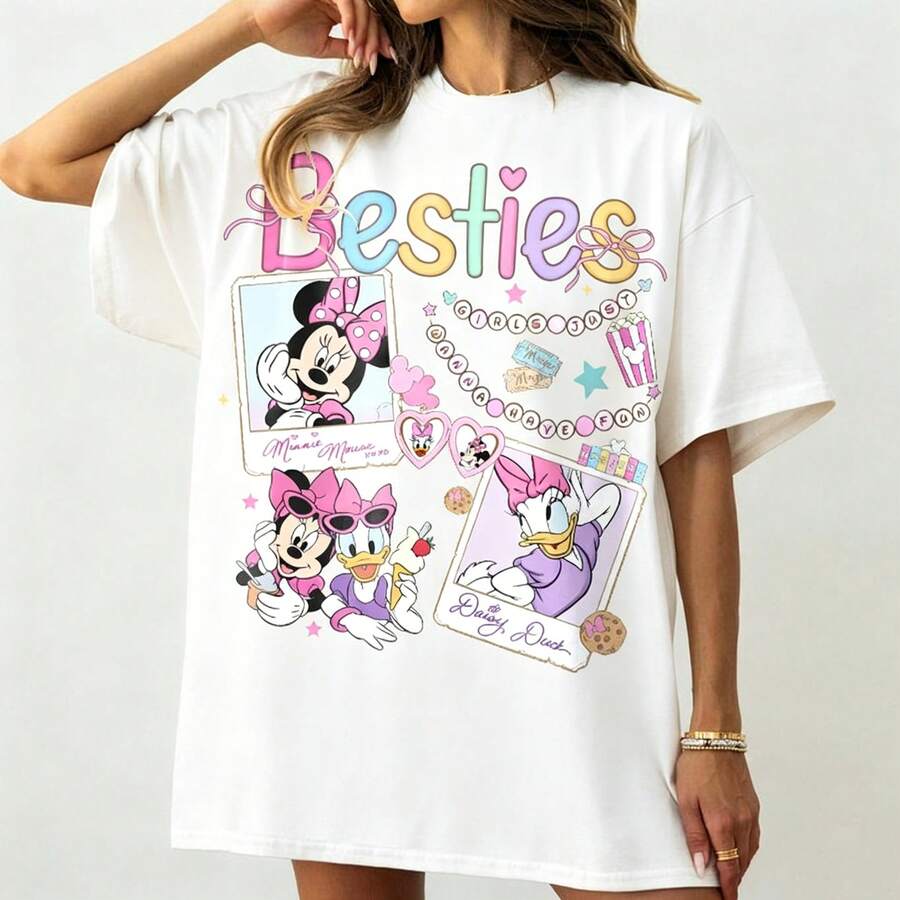 Disney Women's T-Shirts Vintage Magical Besties Themed Oversized T-Shirts, 100% Cotton Retro Short-Sleeved Casual Shirts, And Graphic Printing T-Shirts For Lovely Girls Trip Daily Outfits - trắng - Xem 1