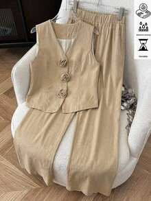Conjunto de 2 piezas de chaleco y pantalones con flores 3D elegantes para mujer, mezcla de lino, adecuado para el uso diario y múltiples ocasiones, regalo para mamá, conjunto de lino de verano para mujer con pantalón de pierna ancha y chaleco sin mangas - Albaricoque - Ver 11