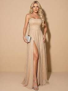 Gabi Dress With Sparkling Tulle And Crossed Side Detail - Champagne - View 1