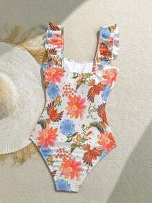 Women's Colorful Tropical Bird & Floral Print Square Neck Cap Sleeve One-Piece Swimsuit, Suitable For Beach Vacation Summer - Multicolor 2 - View 3