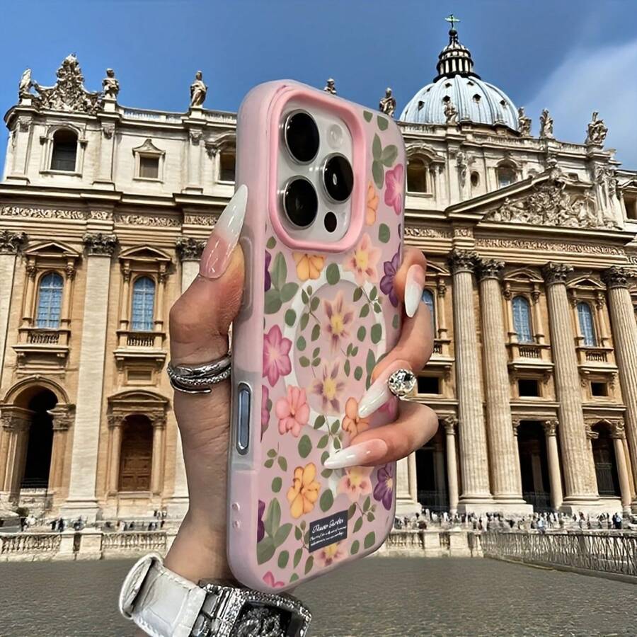 Phone Case: Colorful Small Flowers, Simple Macaron-Colored Skin-Feel Jelly Dual-In-One Magnetic Wireless Charging Phone Case, Halloween, New Year Gift, Christmas Gift, Easter Gift, Halloween Gift, For Family, For Friends. Suitable For 12/12 - 粉色 - 查看 1