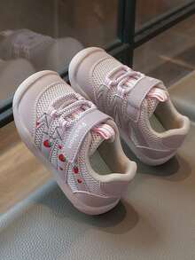 1 Pair Girls' Pink & White Mesh Strawberry Embroidery Hook & Loop Toddler Shoes, Korean Sweet Style, Suitable For Small & Medium Children Spring/Summer Daily Wear - Pink - View 4