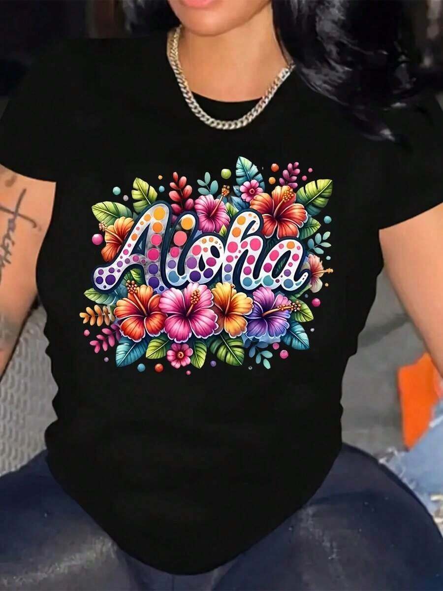 Women's Aloha Floral T-Shirt - Hawaiian Style, Short Sleeve, Crew Neck, Vibrant Tropical Print, Lightweight Blend, Perfect For Beach Parties And Summer Casual Wear, Beach Party Clothes, Aloha Clothing, 100% Cotton Blend Fabric - 黑色 - 查看 1