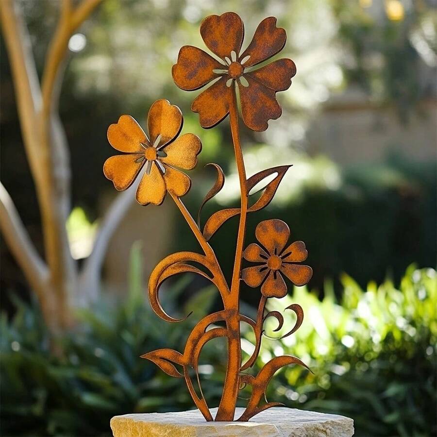 1個復古生鏽花形金屬花園插樁，露台庭院裝飾，戶外景觀道具 - 花 - 查看 1