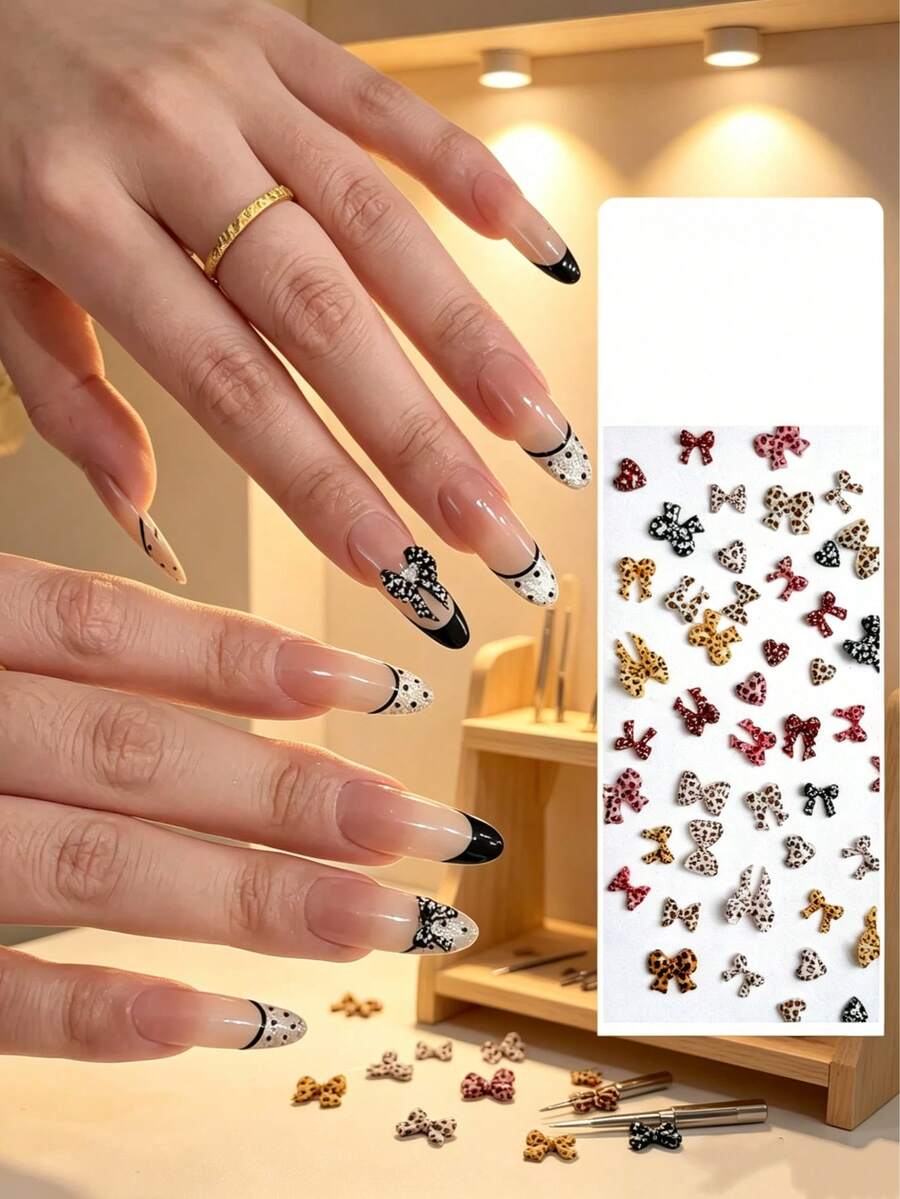 10-100pcs Y2K Leopard Print Bow & Heart Nail Charms, 3D Resin Flatback Nail Art Decoration, Cute Mini Bow Nail Studs For DIY Manicure Accessories - Multicolor - View 1