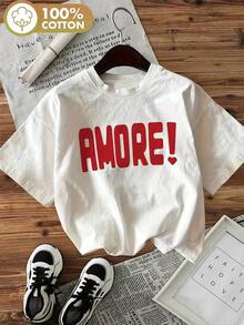Minimalist Text - Heart LOVE! Short-Sleeved Cotton T-Shirt With Printed Crew Neck. - Putih - View 2