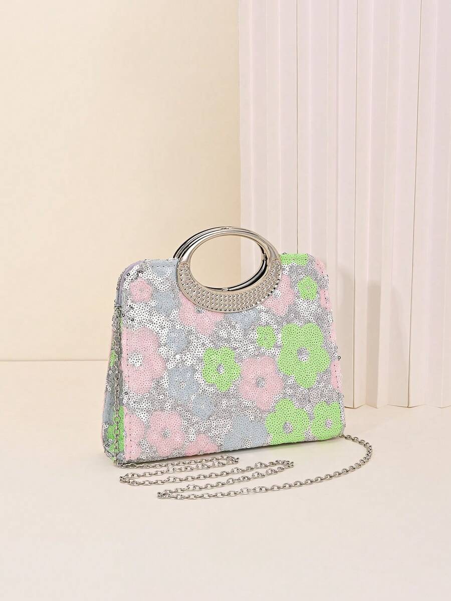 Floral Sequin Evening Clutch Bag For Women, Elegant Metal Ring Handle Handbag, Sparkly Formal Purse For Wedding Prom Party Cocktail Events, Glamorous Statement Clutch For Special Occasions - Silver - View 1