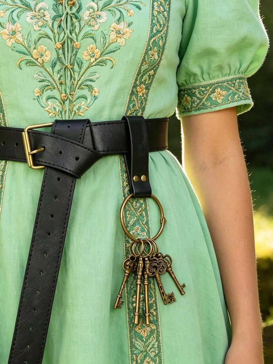 1pc Black Faux Leather Belt Key Holder With Rivets, Comes With 5 Bronze Skeleton Keys, Medieval Renaissance LARP Keychain, Costume Prop - A - View 1