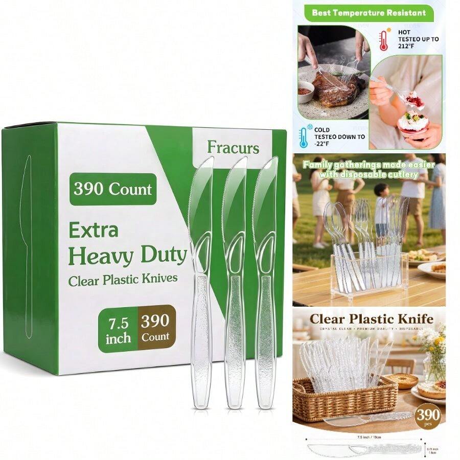 390 Count Plastic Knives Heavy Duty 5 Premium Disposable Plastic Knives Bulk, BPA- Heat Resistant, Solid And Sturdy Knives Parties, Events And Everyday Use - Multicolor - View 1