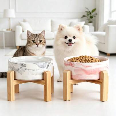 高脚猫碗，陶瓷狗碗，适用于小型和中型犬，带支架的食物和水碗，加重宠物喂食碗，陶瓷狗碗，大理石