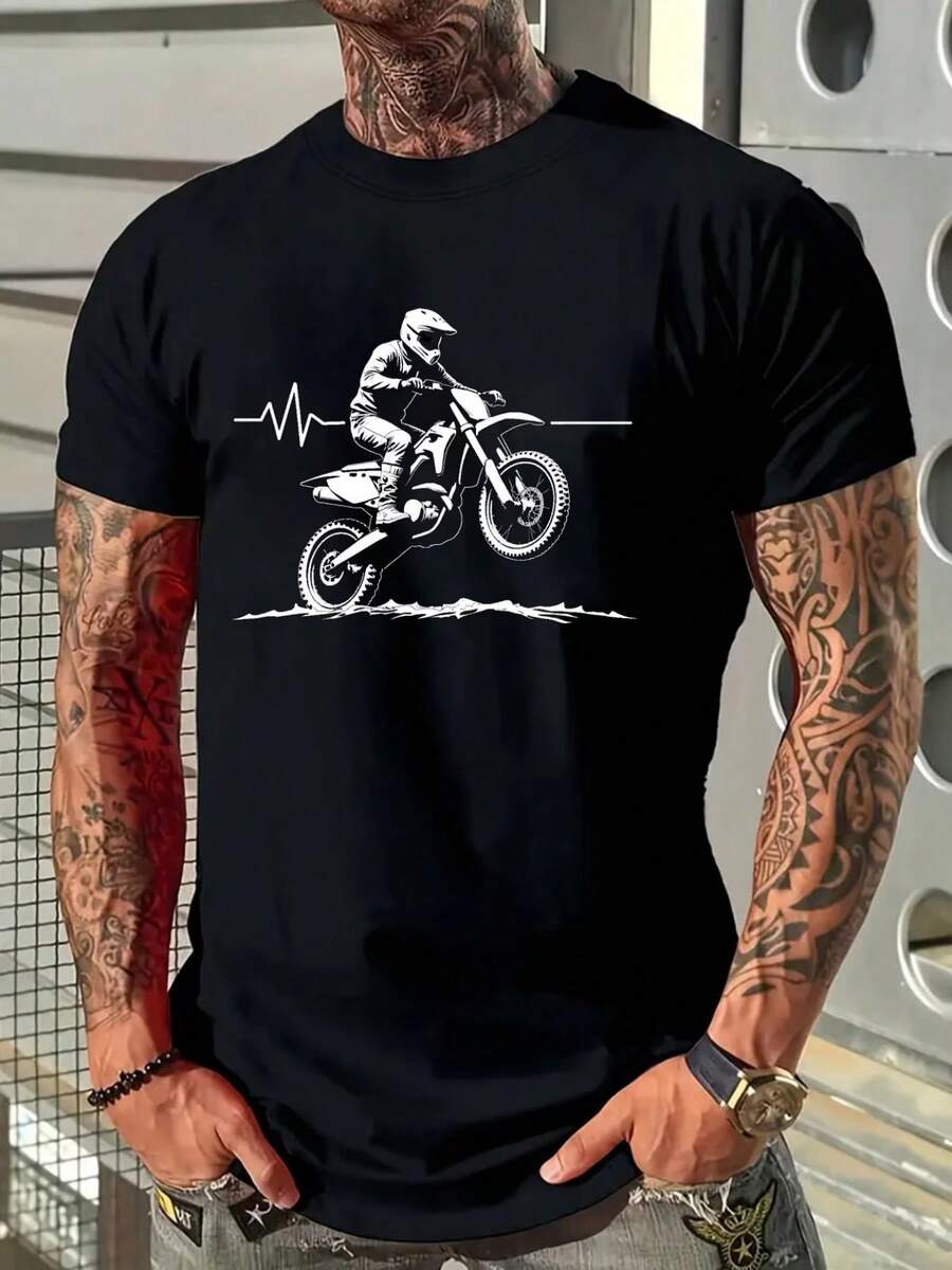 Camisetas, Camiseta Gráfica para Hombre "Thrill Seeker" | Estilo Urbano de Motociclista, Suave y Transpirable, 100% Fibra, Diseño con Estampado Atrevido, Cuello Redondo, Manga Corta, Camisa Casual de Verano, Tela Ligeramente Elástica - Negro - Ver 1