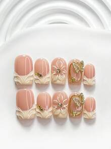 10pcs Luxury Handmade Nail Art Stickers, Including Gold Butterfly, Gold Star, Starburst Pattern And Champagne Round Diamond Decor, Can Be Shaped Into 5-Petal Flower And Water Drop Pattern, Comes With Yellow Nail Polish And Nail Art Tools (1pc Jelly Sticker + 1pc Nail File), Suitable For Square, Short Rectangular And Almond Shaped Nails, Perfect For Parties, Daily Wear, Gatherings, Photoshoots, Spring/Summer Commuting - Multicolor - View 4