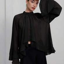 Aveloria  Blusa elegante y lujosa de gasa con volantes y capas en tonos púrpura-rojo para mujeres - Verde - Ver 4