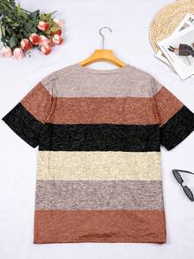 Women's Plus Size Striped V-Neck Casual T-Shirt Top, Summer - Brown - View 3