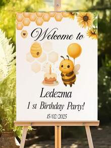 1件可客製化蜜蜂主題1歲生日歡迎牌，清新水彩蜜蜂與向日葵圖案，支持個性化文字，適用於寶寶1歲生日派對、蜜蜂主題派對裝飾、居家裝飾 - 彩色 - 查看 2
