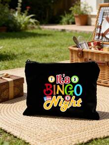 "Bingo"字母印花旅行盥洗包，卡通趣味多功能帆布包，充電器收納包，旅行化妝必需品包：女性旅行必需品包，中性拉鍊包，化妝品、彩妝和輕便旅行必需品，適合青少年、生日和旅行配件，節日禮物，母親節禮物 - 彩色 - 查看 5