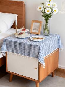 Tokoto Blue Gingham Tablecloth With Tassel Fringe, Farmhouse Cotton Linen Table Cover For Dining Table, Nightstand & Coffee Table Decor, Rustic Boho Plaid Style - Blue - View 11
