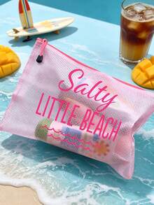 防水時尚海灘包，印有「Salty Little Beach」波浪圖案，大容量透明化妝包，尼龍拉鍊，輕巧便攜，適合春夏收納，非常適合游泳、海灘、潛水和夏季度假旅行 - 彩色 - 查看 4