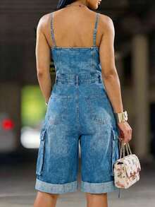 GLOURI Women's Denim Cargo Romper - Spaghetti Straps, Square Neck, Cinched Waist, Rolled Cuffs Casual Streetwear Jumpsuit - 藍色 - 查看 5