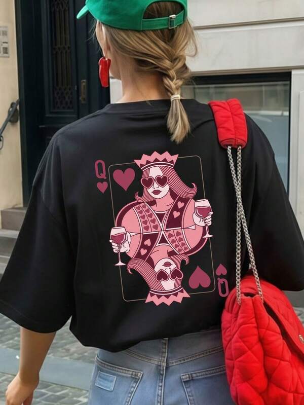 1 pièce T-shirt ample et décontracté d'été pour femmes, col rond, manches courtes, style INS, avec imprimé thème "Reine de Cœur" vin rouge. Noir